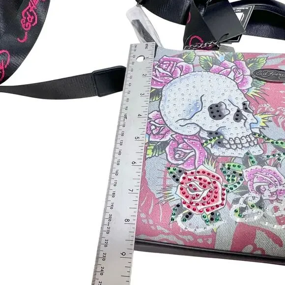 Ed Hardy Denim Tote Crossbody Satchel Bag Denim Pink Tattoo Skull Rhinestones - Picture 10 of 12